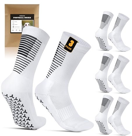 FORVEVO 3 Paar FußballSocken Herren 43-46,Rutschfeste Football Socks,Grip Socken Fussball Damen,Atmungsaktive Baumwolle Gepolsterte Sportsocken für Basketball Tennis Radfahren(Weiß)