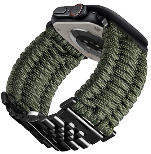 BINLUN Compatibile con Apple Watch Cinturino 49mm Cinturini Sportivo Intrecciato 550 Paracord Acciaio Compatibile con iWatch Ultra2 Ultra(Verde Militare Nero)