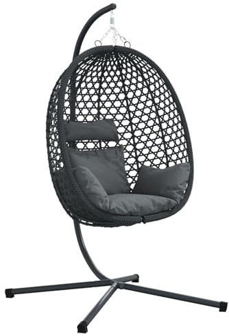 vidaXL Hängender Eierstuhl mit Ständer Stahlrahmen und Kissen Anthrazit Poly Rattan Garten Schaukelmöbel für Balkon Lounge Entspannung Patio Modern Gewebt EIN-Personen
