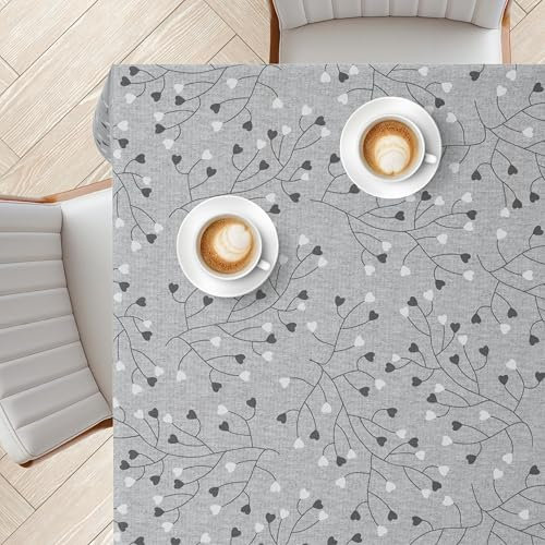 KP HOME Grey PVC Table Cloth Wipe Clean Rectangular 78.7x 55.1 200x140cm - Wipeable Plastic Table Cover with Soft Touch Feel And Linen Look, Waterproof Oilcloth Tablecloth With Heart Vines Branches