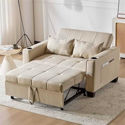BTM 2 Seater Sofa with Cup Holders, Fabric Pull Out Sofa Bed, Foldable Sofa Couch Chaise Lounge for Living Room/Apartment/Small Space, Beige