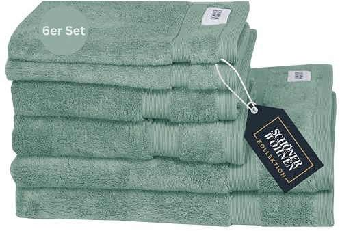 SCHÖNER WOHNEN Frottee Handtücher Set Grün 6teilig - 100% Baumwolle - Handtuch Set flauschig weich - saugstark - besteht aus 2 Duschtuch + 2 Handtücher + 2 Gästetücher - Frottiertücher Öko-Tex