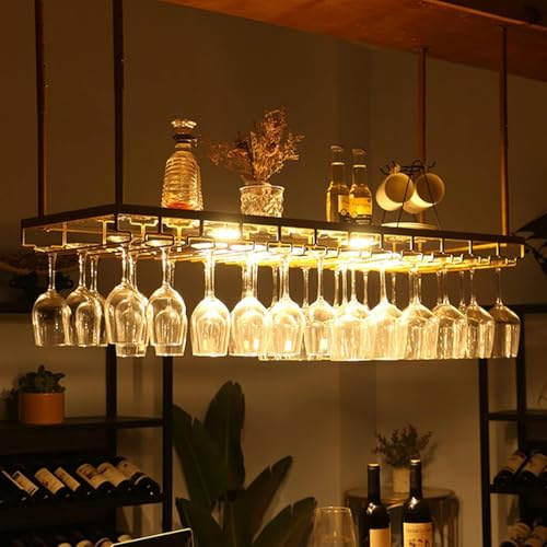 Rustikales Weinregal Wandmontage Mit Licht- Und Glashalter, Verstellbare Hängende Bar Weinglasregal Decke, Flaschenhalter Weinregal Für Barküche, Black, 80x35cm