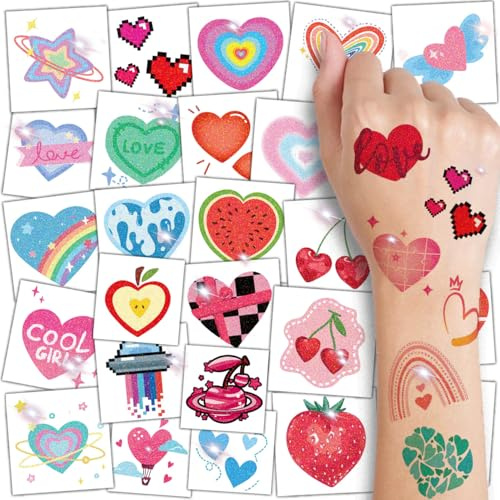 CHARLENT Temporary Glitter Heart Tattoos for Party Decoration - 74 Individual Sheets | Waterproof and Easy Peel | Cute Tattoo Stickers for Girls and Women