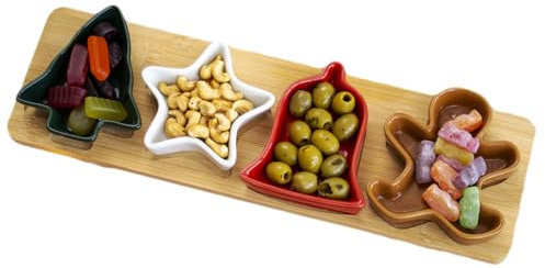 5pc Festive Christmas Bowl & Bamboo Tray Set Ceramic Table Snack Serving Dishes
