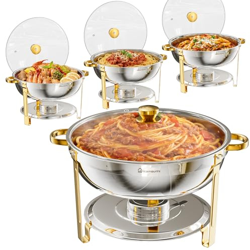 WARMOUNTS Chafing Dish Buffet with Glass Lid 8,5L 4 Pack, Round Food Warmers with Lid Holder, Stackable Catering Chafers Serving Dishes with Lid Holder for Party, Wedding