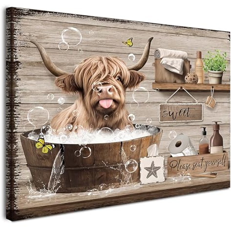 Alptiny Gerahmtes Badezimmer Wandbild 30×40 cm Lustige Highland Kuh Bad Deko für Gäste WC Wanddeko mit Haken Nägeln und magischer Klettbefestigung zum Sofort Aufhängen
