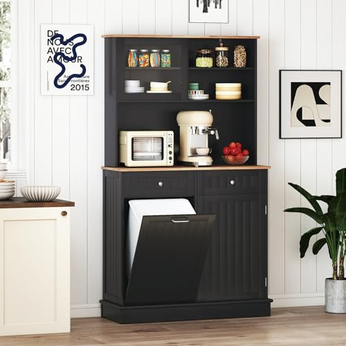 COSTWAY Küchenschrank, Kommode Holz Küche, für 45 L Mülleimer, Schwarz | Buffetschrank mit Arbeitsplatte, 2 Schubladen, verstellbaren Einlegeböden, Hochschrank für Mikrowelle, 100 x 34 x 172 cm