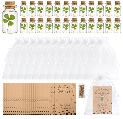 FTUREERA 24 Sets Glücksbringer Geschenk, Echtes Vierblättriges Kleeblatt im Glas Glücksbringer Kleeblatt mit Glückskarten, Kleines Geschenk für Glück Wunscherfüller zu Weihnachten Geburtstag