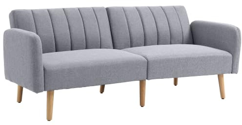 HOMCOM Schlafsofa Verstellbare Rückenlehne Armlehne 173x75x73cm Hellgrau | 2-Sitzer Sofa mit Schlaffunktion, Dick Gepolsterte Couch, Schlafcouch, Holzbeine, Wohnzimmer, Gästezimmer