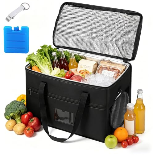 40L Kühltasche Faltbar - Große Thermotasche Isoliertasche mit Kühlakku & Öffner, Tragbar Wiederverwendbare Isoliert Einkaufstasche Picknicktasche Cooler Bag für Camping Picknick Einkauf BBQ