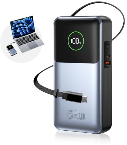 Batterie Externe 26800mAh, Charge Rapide PC Portable 65W PD, Câble Type-C Rétractable Intégré, 3 Ports de Sortie Simultanés, Portable et Léger(Noir)