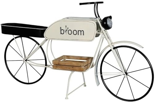 DRW Moto Vintage Jardinera con Bandeja de Madera en Blanco, Negro y Natural 103x188x57 cm