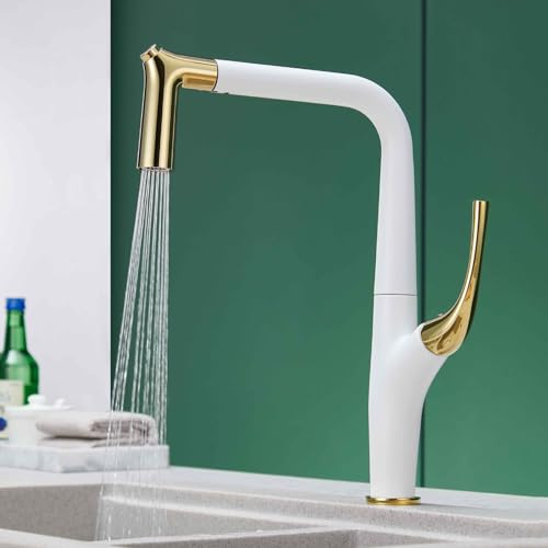 ZYCDP Robinet Cuisine avec Douchette Extractible 2 Jets Mitigeur Evier eau Chaude et Froide Blanc + Or
