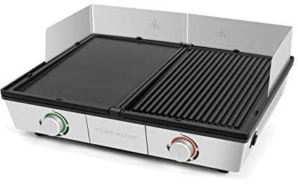 riviera&bar - Combiné Plancha Grill Professionnelle QPL800 - Bi-Zone - 1910 cm² de Zone de Cuisson Réglable - Idéale pour 8 à 10 Personnes - 49,5x18,5x40,5 cm, Argenté