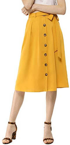 Allegra K Damen Midirock Knielang A Linie Hohe Taille Faltenrock Bindegürtel Knopfleiste Rock Gelb M