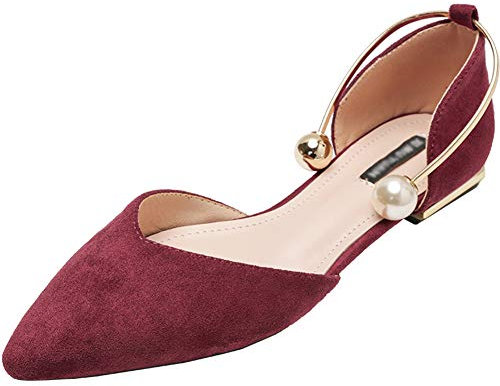 Jamron Damen Spitze Samt Ballerinas Elegant D'orsay Pumps Flach Abendschuhe Burgund SN02800 EU39.5