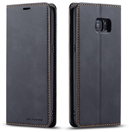 QLTYPRI Étui de protection à rabat en cuir fin pour Samsung Galaxy S7 Edge avec compartiment pour cartes - Compatible avec Samsung Galaxy S7 Edge - Noir