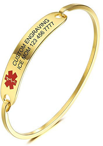 MOWOM Medical Bracelet de Manchette d'alerte d'urgence médicale médicale gravée Bracelet du nom d'identification pour Acier Inoxydable Fille Femme - (Or Couleur, 65 Millimètre Diamètre)