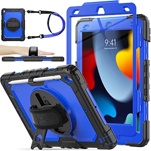 SEYMAC stock for iPad 9th/8th/7th Generation Case 10.2 inch, Full-Body Shockproof with 360° Rotating Stand/Hand Strap, Screen Protector, Pencil Holder for iPad 10.2 Case 2021/2020/2019, Blue