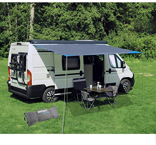 Deiwo Voile d'ombrage pour caravane, camping-car et bus - Gris - 2,50-3,50 x 2,4 m - Pour rails de 7 mm - Colonne d'eau de 2000 mm - Avec piquets