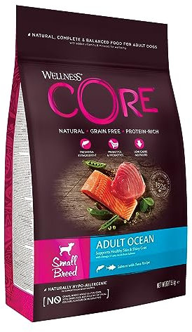 Wellness CORE Small Breed Ocean, Hundefutter trocken für ausgewachsene Hunde kleiner Rassen, Lachs & Thunfisch, 5 kg, ohne Zuckerzusatz, getreidefrei, mit hohem Fleischanteil