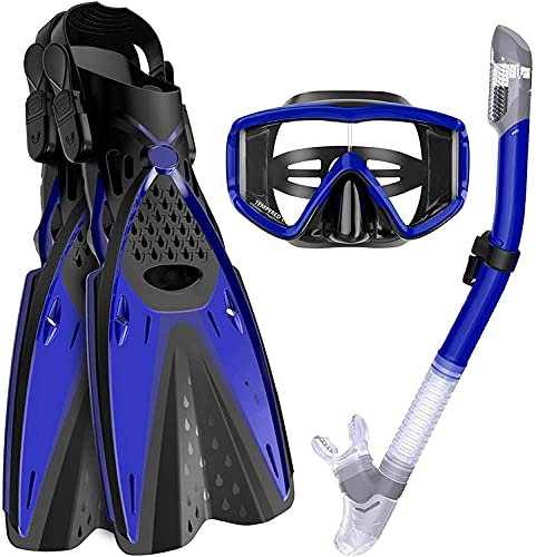 Tauchermaske Tauchmasken Trockene Schnorchel-Set Verstellbarer Panorama-breiter Ansicht Tauchen Goggle Tieftauchen Schnorcheln Professionelle Schnorchelausrüstung mit Flossen für Erwachsene und Kinder