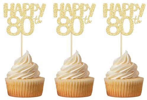 Gyufise 24Pcs Happy 80th Cupcake Toppers Cheers to 80 Birthday Cake Toppers Gold Glitter 80 Cake Topper Picks Birthday Cake Decoration for Birthday Party Anniversary Celebration Supplies