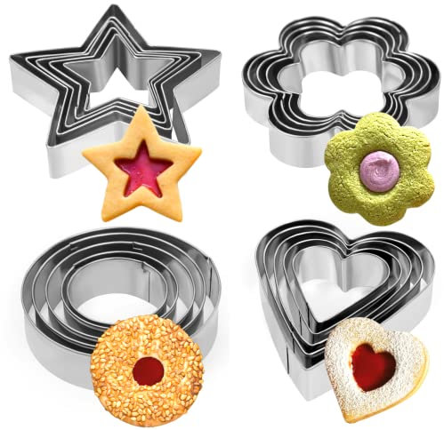 Crethink 20 Pieces Mini Cookie Cutters Set Biscuit Cutters Pastry Cutters-Star Heart Flower Round Stainless Steel Cookie Cutter for Baking.