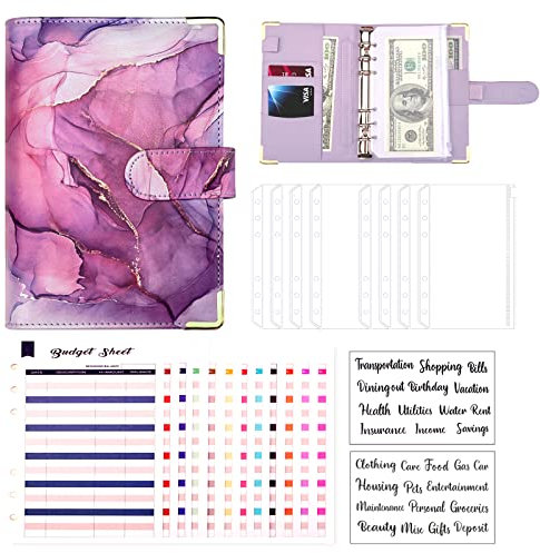 Budget Binder, A6 Marmor PU Leder Binder, Geld Organizer Budget Planer mit 8 Reißverschluss Cash Umschläge, 12 Ausgaben Budget Blätter für 2 Brief Label Aufkleber (lila)