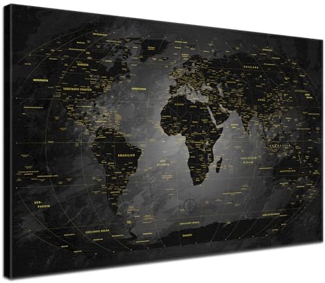Stilvolle Pinnwand Weltkarte - Noir - Deutsch in 120 x 80 cm, stabile Rückwand zum Pinnen inkl. Starterkit - Leinwand-Kunstdruck Wandbild Landkarte XXL