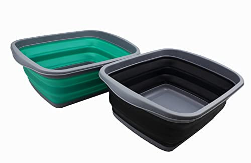 SAMMART 10L Set mit 2 zusammenklappbaren Wannen – Faltbare Geschirrwanne – tragbares Waschbecken – platzsparende Kunststoff-Waschwanne (Bläulich-Grün + Schwarz, 2)
