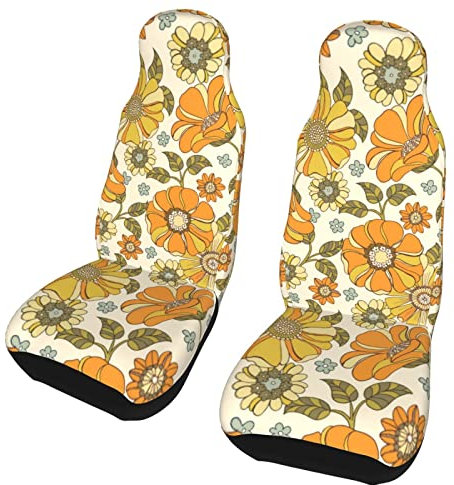 2 Stücke Auto Sitzbezug Bunte Retro-Blume Der 70Er Jahre Autositzbezüge Vordersitze Universell Passende Sitzbezüge Set Universal Passform Innenraum Sitzschoner Für Fahrzeuge, Autos, Suvs, 52X138Cm