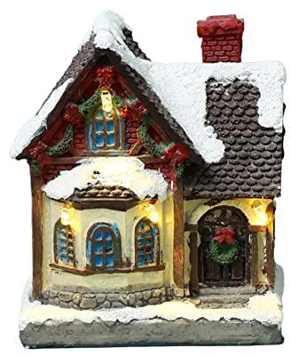 ISAKEN Weihnachtsdorf Häuser Set, Weihnachtsdeko Häuser Led Harz Häuser 3D Winterdorf mit Beleuchtung Schnee Miniatur Haus Weihnachten Dekoration Moos Winter Xmas Deko Kinder Geschenke