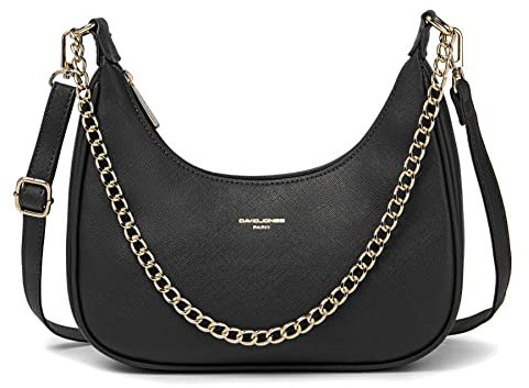 David Jones - Damen Kleine Umhängetasche - Frau Kette Schultertasche PU Leder - Handtasche Kettenhenkel Crossbody Bag - Trendy Tasche Mode Abendtasche Kettentasche Pochette Clutch Party - Schwarz