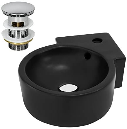 ML-Design Lavabo d'angle en Céramique Noir, 45x36x13 cm, Angulaire, avec Bouchon de Vidage Chrome en Laiton, Trop-Plein et Trou pour Robinet Inclus, Montage Mural ou à Poser, Vasque Lave-Mains Évier