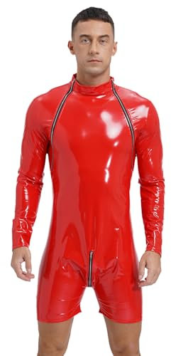 FEESHOW Herren Wetlook Body Leder Latex Overall Kurzer Langarm Lack Leder Männerbody Ouvert mit 3-Reisverschluss M-4XL Rot_F 3XL