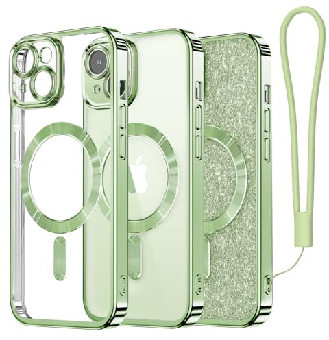 Meifigno Clear Hülle Kompatibel mit iPhone 15, [Kompatibel mit Magsafe][Glitzer Karte & Handschlaufe] Kameraschutz Transparent Case für iPhone 15 6,1’’ Frauen Mädchen, Grasgrün