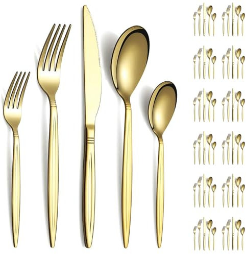 Evanda Juego de Cubiertos de Oro 60 Piezas Servicio para 12, Juego de Cubiertos de Acero Inoxidable Chapado en Oro Titanio, Cuchillos Tenedores Cucharas Juego de Cubiertos para Bodas, Fiestas