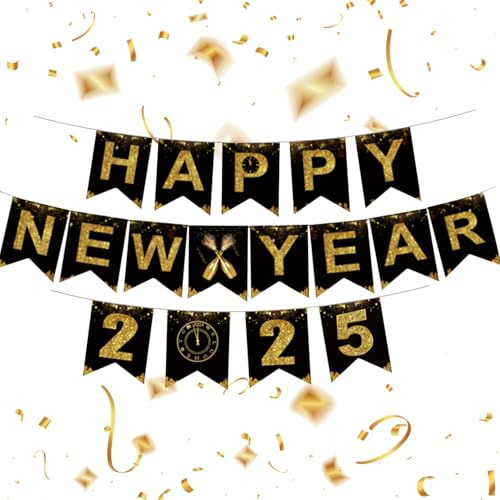 Silvester Deko 2025 Dekoration Set - Happy New Year Banner 2025 Neujahr 2025 Banner Neujahr Silvesterdeko Happy New Year Girlande Neujahrsdeko Silvesterparty Deko Accessoire(8)