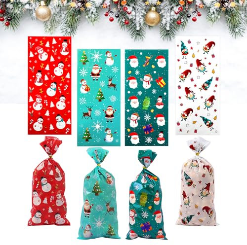 Weihnachten Geschenktueten 50 Stück - Weihnachtstueten Süßigkeiten lebkuchen Kekse Schokoladentüten Kleine tüten aus Plastik für Party Weihnachtsmann Geschenkverpackung Goldene Krawatten