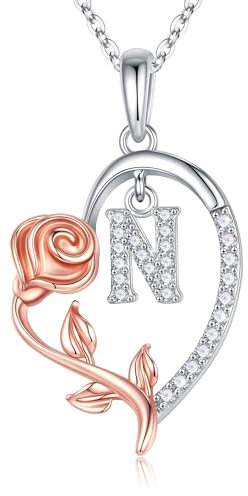 TINGN Rose Buchstaben Kette für Frauen Teenager Mädchen, Herz Intiale N Kette Schmuck Jubiläums Geschenke für ihre Silber Schmuck Damen Valentinstag Engagement Geschenke für Mutter Frauen Freundin