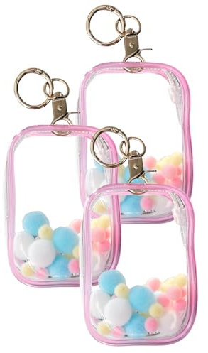 3 Pcs Clear Figure Display Bag with Keychain, Portable Small Doll Storage Hanging Blind Boxes Organizer Zipper Closure, Dustproof Collectibles Case for Showing Off Boxes, Dolls, Mini Figures (Pink)