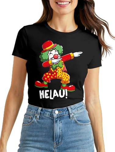 MoonWorks Slim Fit Damen T-Shirt Alaaf Helau Fasching Karneval Dabbing Clown Kostüm-Ersatz Last Minute Faschingskostüme Frauen Funshirt Schwarz XXL