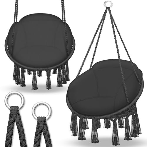 tillvex Silla Colgante hasta 150 kg | Columpio para Colgar en Exterior e Interior | Hamaca con Cuerda, Cojines y Flecos | Kit de Suspensión para Jardín, Terraza, Balcón (Negro (con cojín Grande))