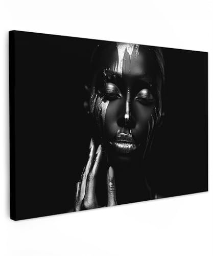 MuchoWow© Wandbilder Klein 30x20 cm Mini Schlafzimmer Home Deko Wohnung Bild Wohnzimmer Fotoleinwand Wand Bilder Leinwand Wall Decor Frau - Silber - Malerei - Schwarz und weiß - Porträt