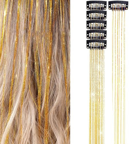 6 Stück Clip in Hair Tinsel HaarsträHnen Zum Einklipsen Gold HaarsträHnen Kinder Glitzer Haar Tinsel Hair Extension für Frauen Mädchen Kinder