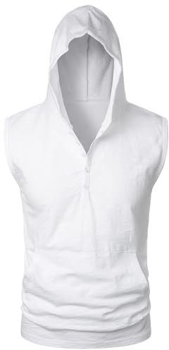 APAELEA Débardeur à Capuche sans Manches Homme d'été Coton Muscle Shirt pour Running Fitness Gym Blanc Large