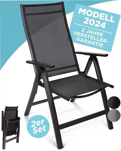 gardisun Hochlehner Gartenstuhl klappbar aus Aluminium, 2-Fach pulverbeschichtet, wetterfest, leicht, 5-Fach verstellbar, Made in EU, 2er Set, Anthrazit