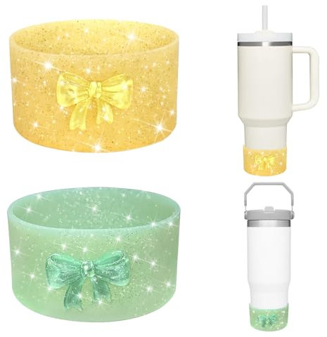 VirgoCCY 2 Pack Bling Glitter Silicone Boot for Stanley Cup 30&40 Oz, 3D Cute Bow Design, Anti Slip Bottom Cover Bumper for Stanley IceFlow, Hydro Flask, Simple Modern Tumbler, Green+Yellow